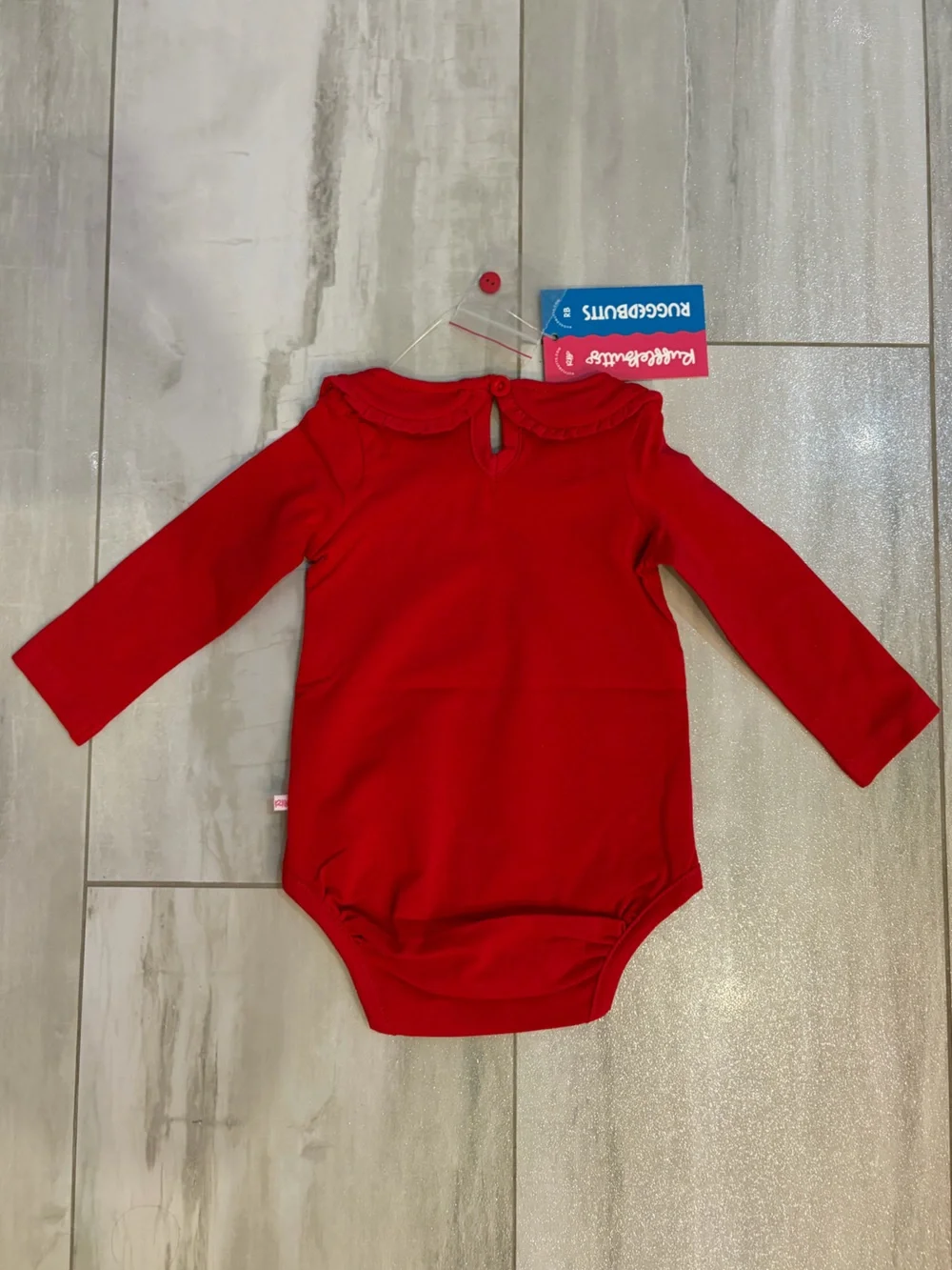 NWT RuffleButts Vibrant Red Long Sleeve Ruffled Peter Pan Collar Bodysuit 3-6M